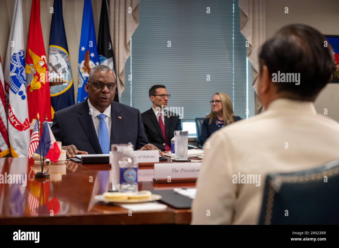 Arlington, United States of America. 03 May, 2023. U.S. Secretary of Defense Lloyd Austin III listens to comments by Philippine President Ferdinand Marcos Jr. during a bilateral meeting at the Pentagon, May 3, 2023 in Arlington, Virginia.  Credit: TSgt. Jack Sanders/DOD/Alamy Live News Stock Photo