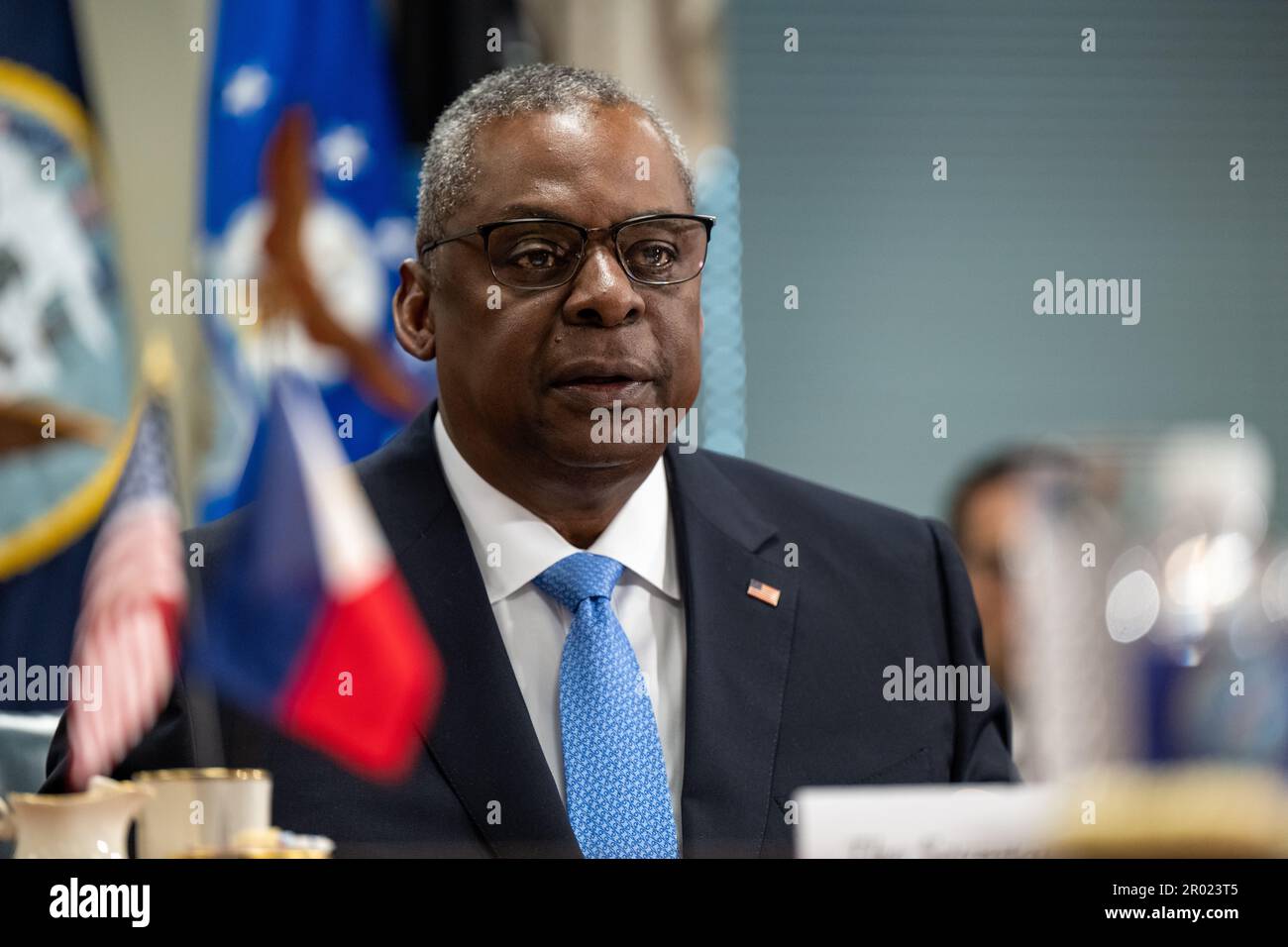 Arlington, United States of America. 03 May, 2023. U.S. Secretary of Defense Lloyd Austin III listens to comments by Philippine President Ferdinand Marcos Jr. during a bilateral meeting at the Pentagon, May 3, 2023 in Arlington, Virginia.  Credit: TSgt. Jack Sanders/DOD/Alamy Live News Stock Photo