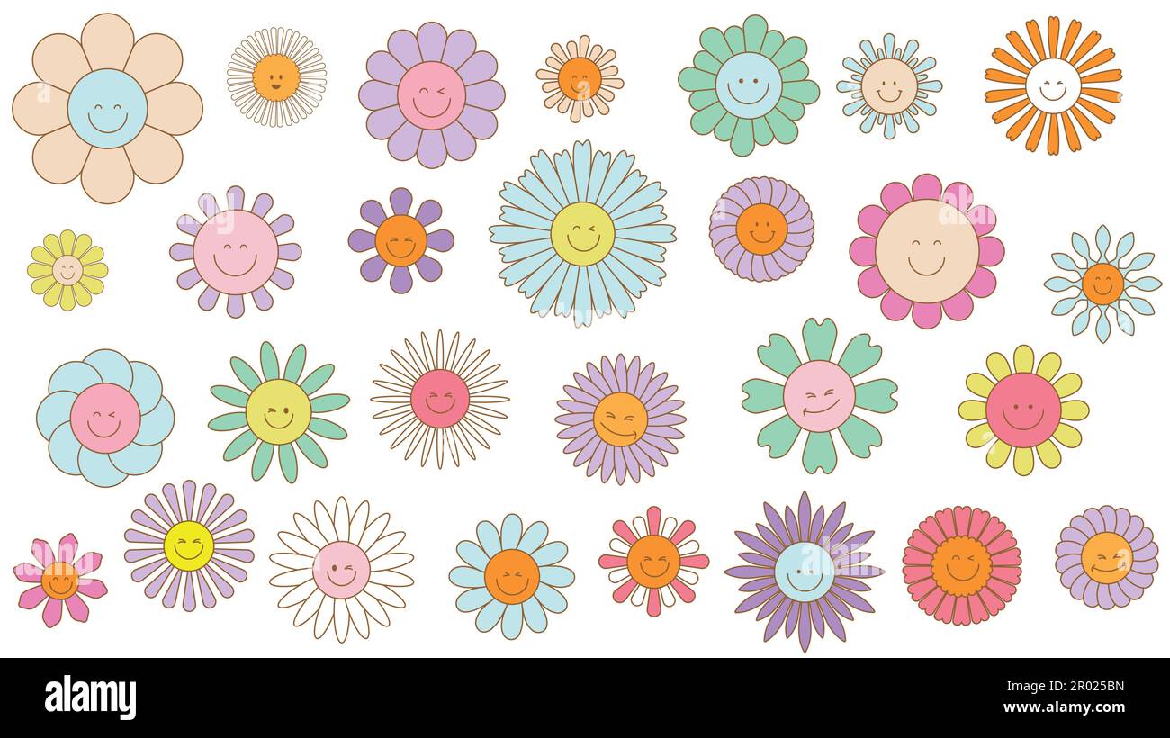 Groovy daisy flowers face collection. Retro chamomile smiles in cartoon  style. Happy stickers set from 70s. Vector graphic illustration 29847584  Vector Art at Vecteezy
