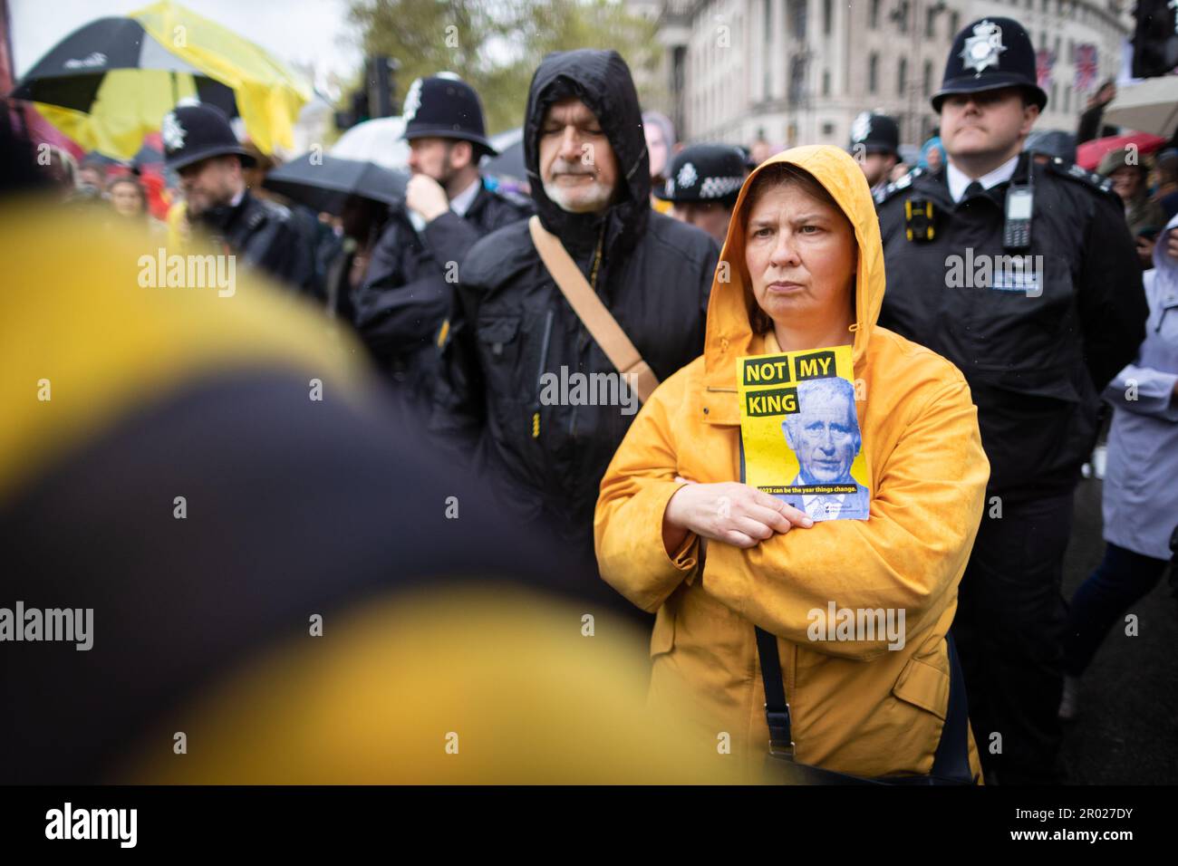 London, UK. 06th May, 2023. A protester with a placard awaits the start of the coronation. Anti-monarchist group Republic stage a protest during the coronation of King Charles III. The Not My King demonstration went ahead despite the Home Office issuing warnings about its new powers in relation to the PCSC bill that passed last year. Credit: Andy Barton/Alamy Live News Stock Photo