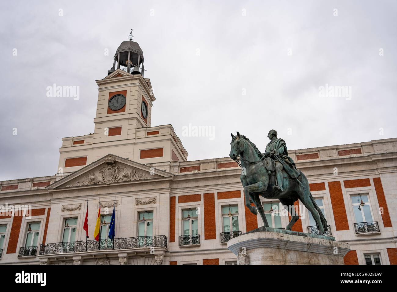 Madrid Spain, city skyline at Puerta del Sol and Clock Tower of Sun