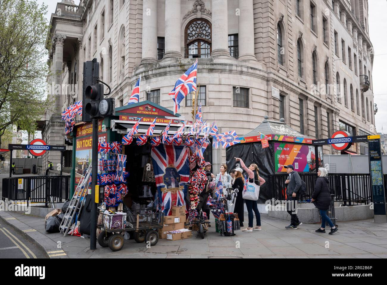 Royal merchandise on sale in Trafalgar Square on the coronation day of