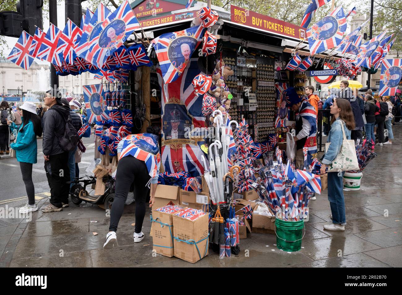 Royal merchandise on sale in Trafalgar Square on the coronation day of