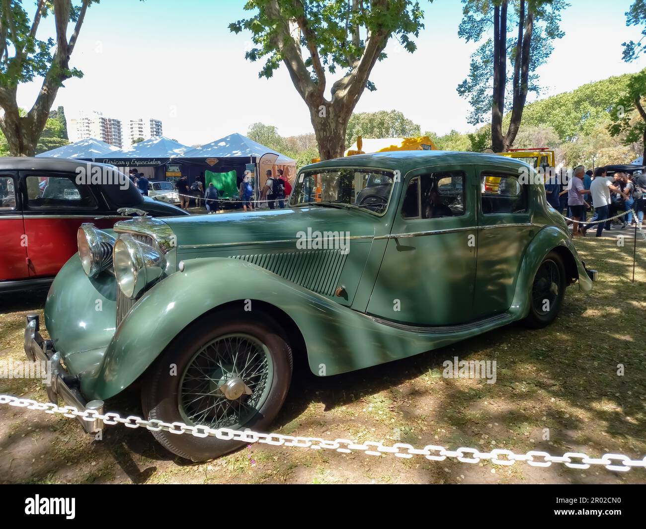 San Isidro, Argentina - Oct 7, 2022: Old green 1947 Jaguar 3.5 L sport saloon in a park. Nature, grass, trees. Autoclasica 2022 classic car show. Stock Photo