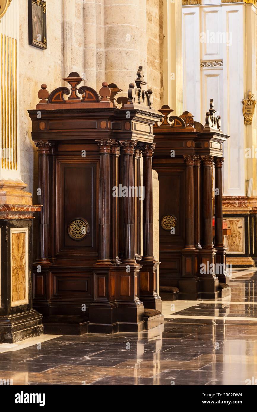 Interior of catholic church: confessional detail, 150 years old, made ...