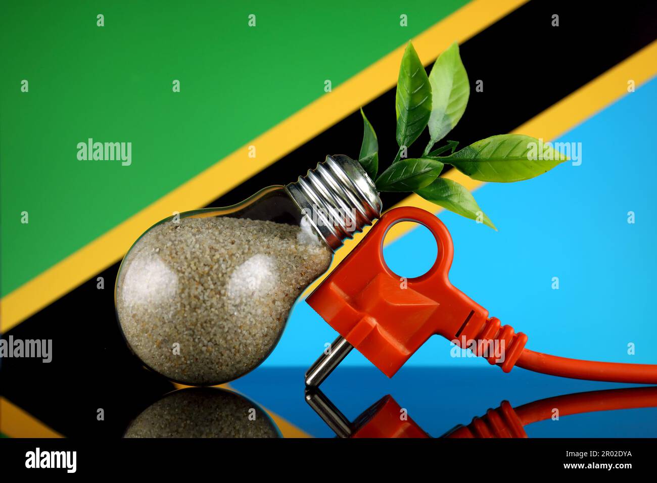 Plug, plant growing inside the light bulb and Tanzania Flag. Green eco