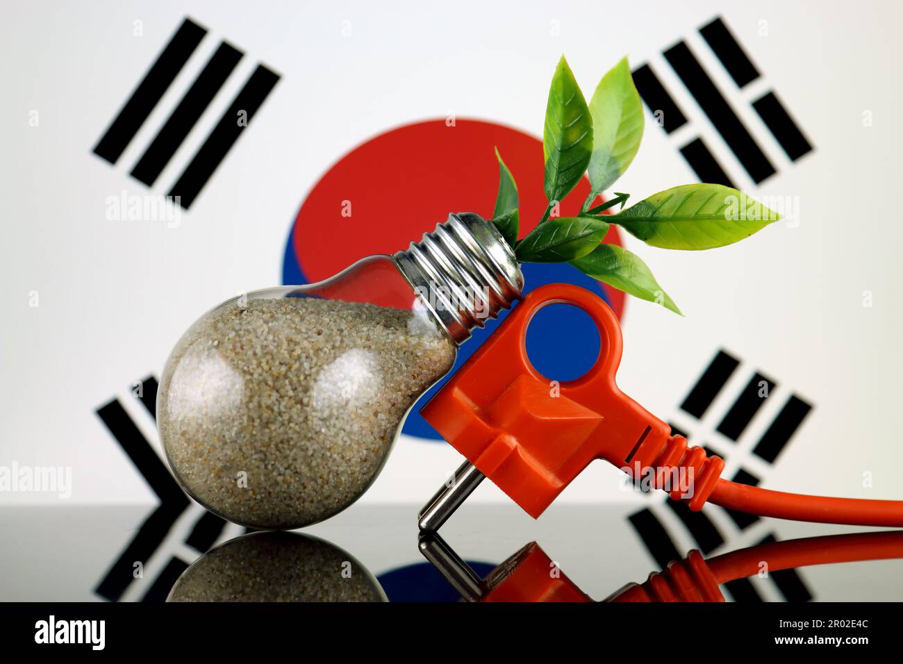 Plug, plant growing inside the light bulb and South Korea Flag. Green