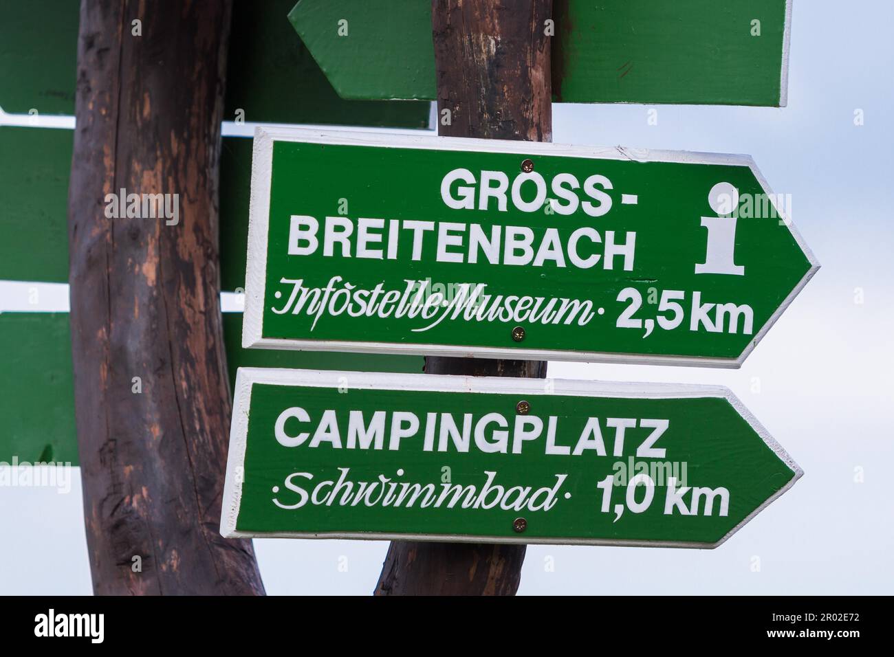 Hiking sign Grossbreitenbach Stock Photo