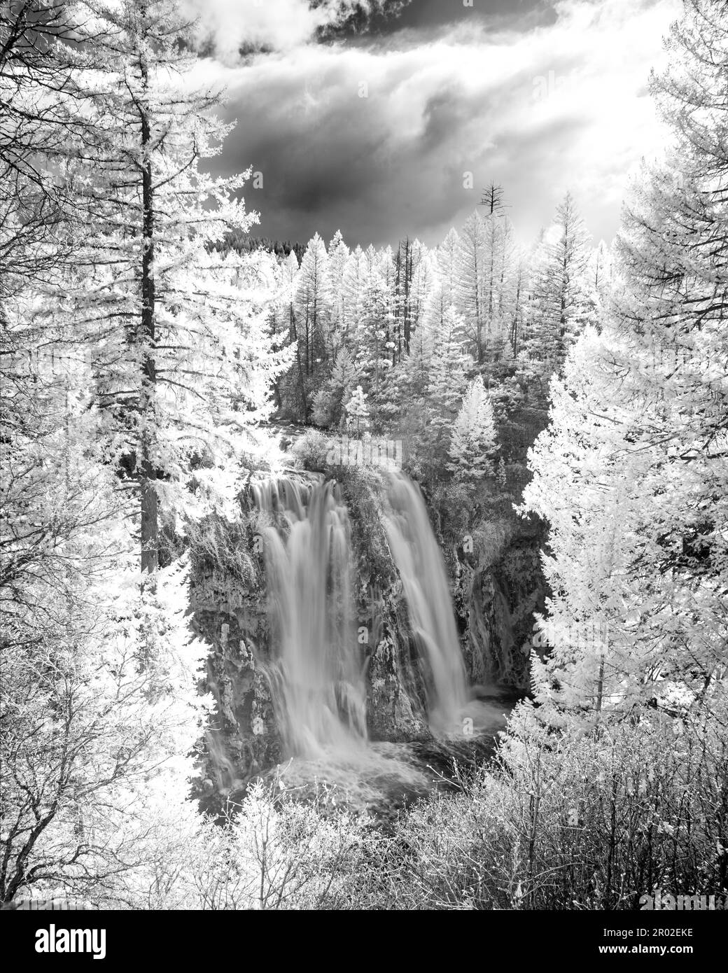 Burney Falls in Shasta County California USA - Black and white infrared image. Stock Photo