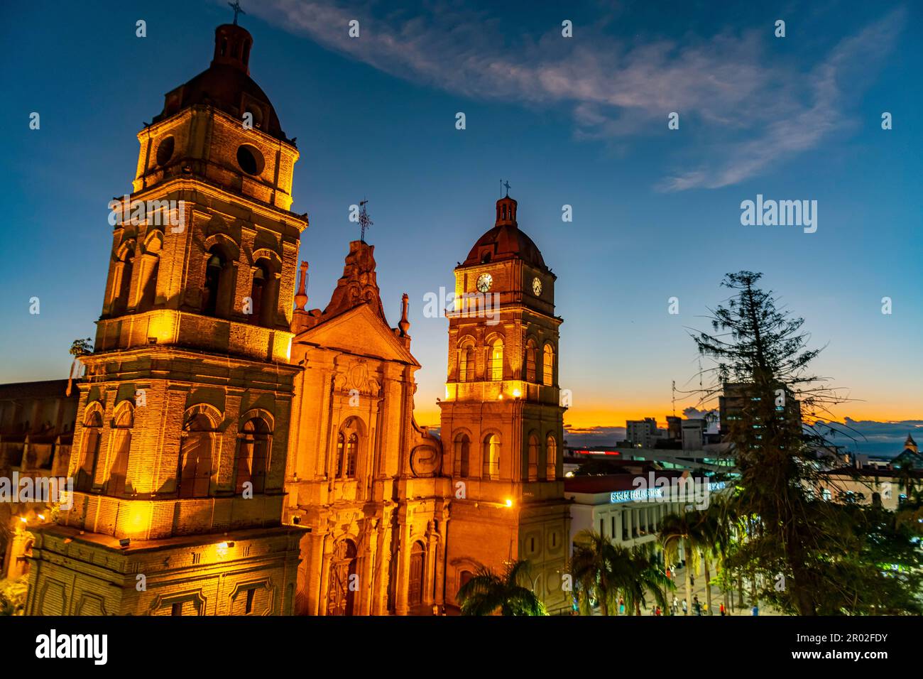 Cathedral Basilica of St. Lawrence at nighttime, Santa Cruz de la Sierra, Bolivia Stock Photo