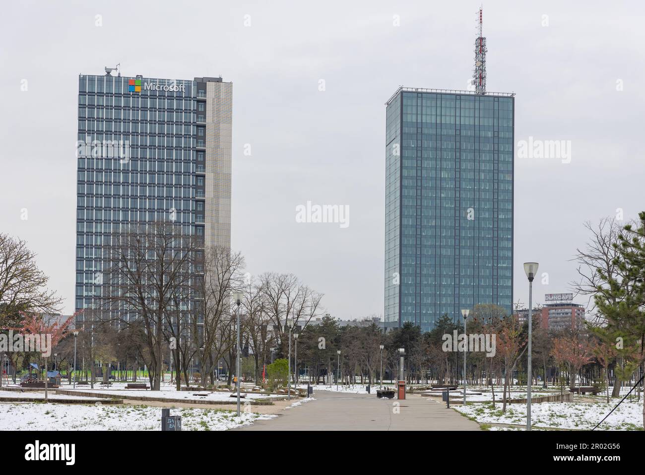 5 April 2023 Belgrade, Serbia two office buildings, one of which is Microsoft Office Stock