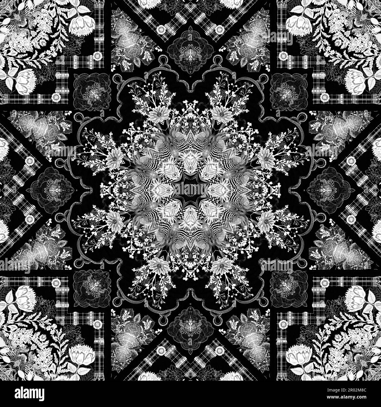 Intricate black and white lace folk flower pattern with an elegant ...