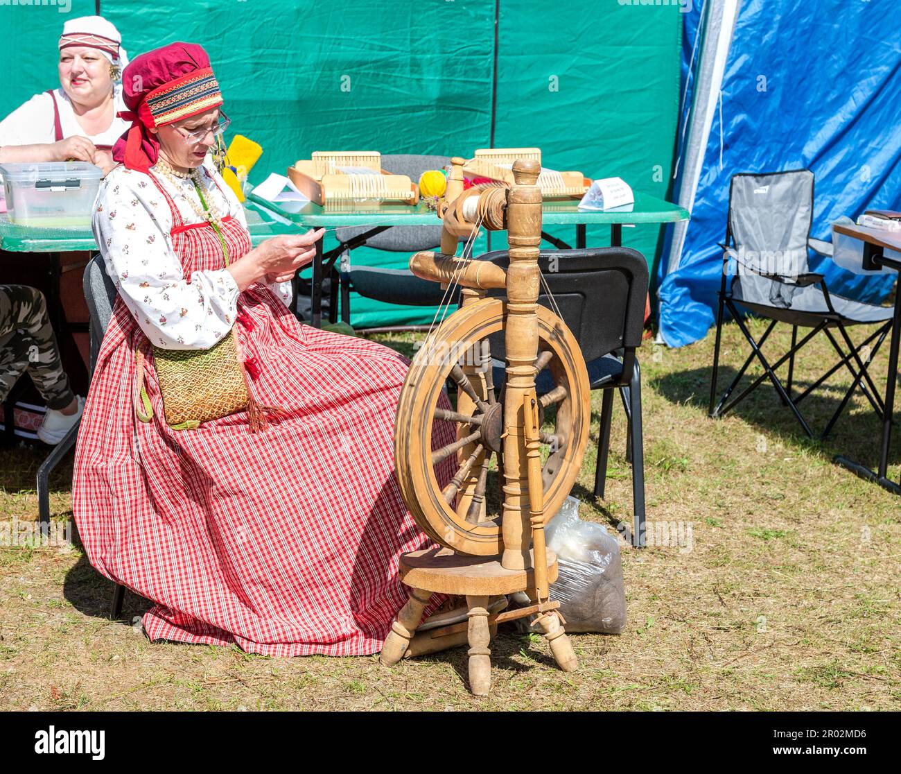 Lubytino, Russia July 16, 2022 Woman in national russian clothes