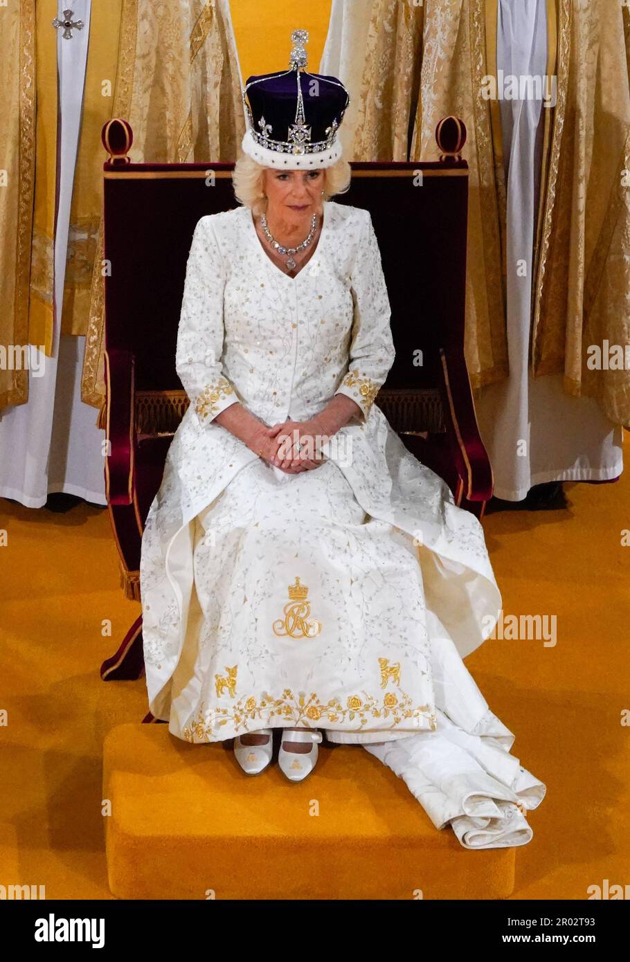 Queen Camilla receives Queen Mary's Crown during her coronation ceremony in  Westminster Abbey, London. Picture date: Saturday May 6, 2023 Stock Photo -  Alamy