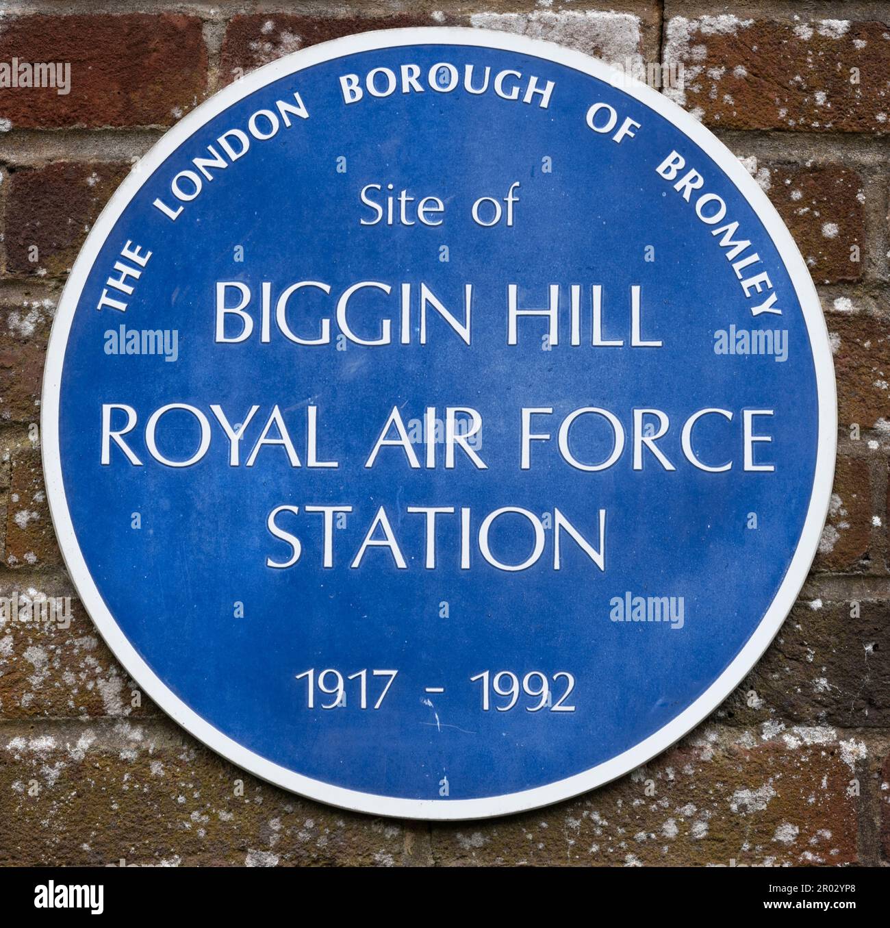 Heritage Blue Plaque at the Entrance to RAF Biggin Hill Museum & Chapel, Main Riad, Leaves Green, Westerham, Kent, England, UK Stock Photo