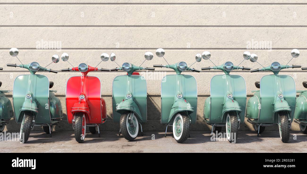 Vintage moped scooter in row on a parking of the city. 3d illustration Stock Photo