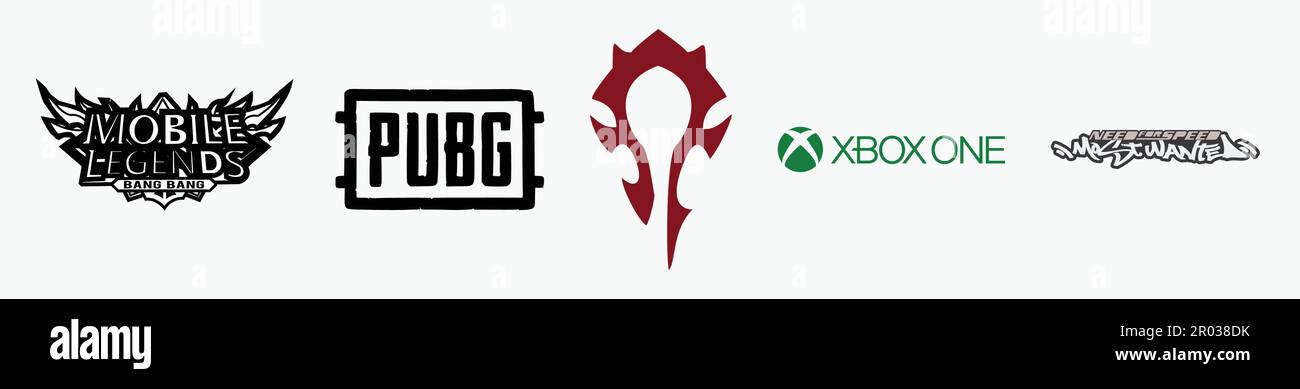 World of Warcraft Horde PvP Logo, PUBG Logo, Nfs Most Wanted, Xbox One Logo, Mobile Legends Bang Bang Logo. Game vector logo illustration. Stock Vector