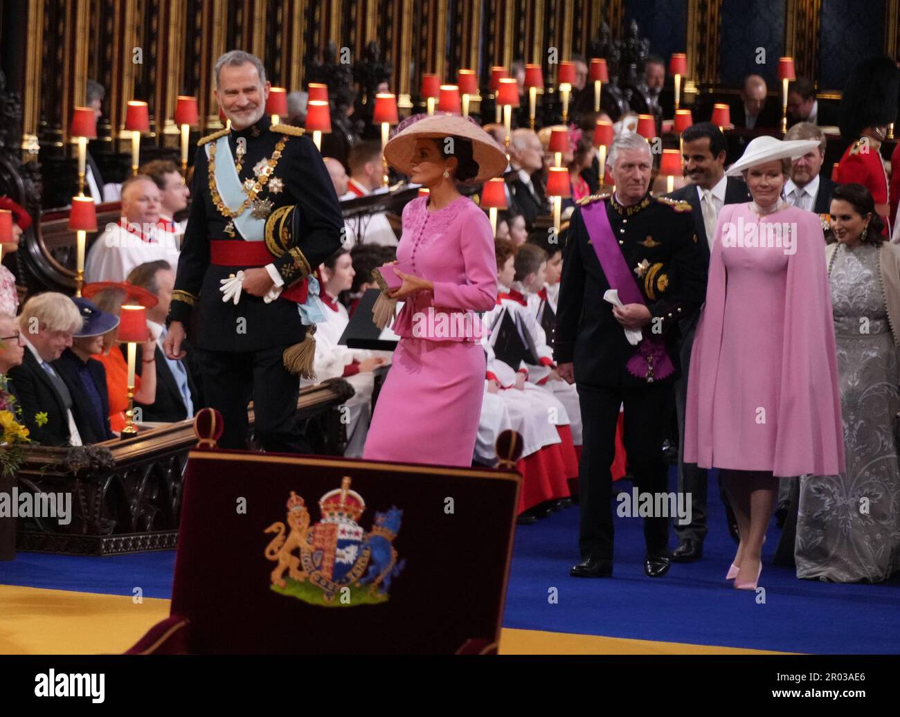 (left to right) King Felipe VI and Queen Letizia of Spain, and King Willem-Alexander and Queen Maxima of the Netherlands l arrive at the coronation ceremony of King Charles III and Queen Camilla in Westminster Abbey, London. Picture date: Saturday May 6, 2023. Stock Photo