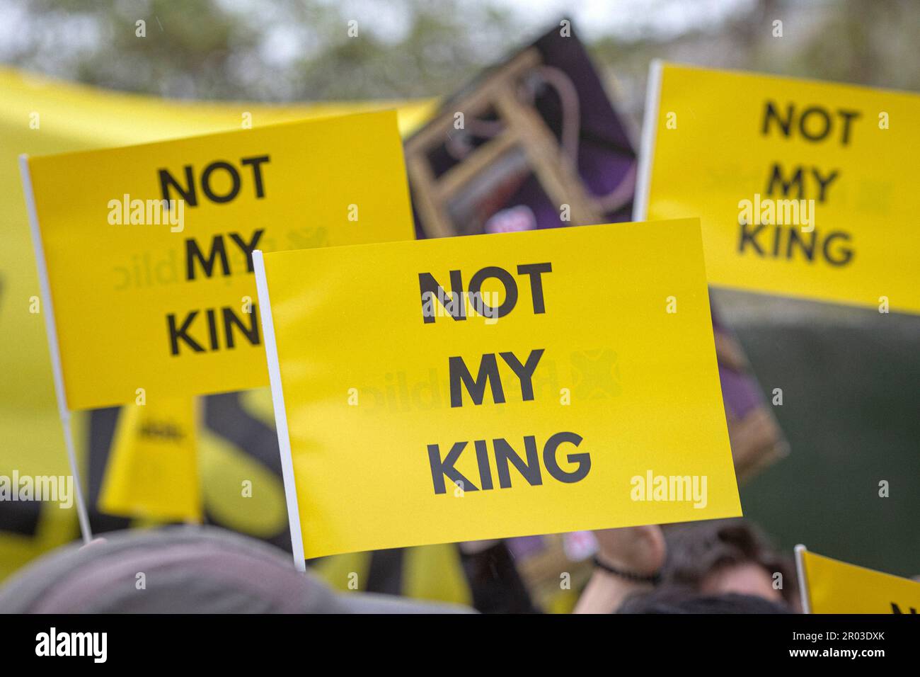 London, UK. 6 May, 2023. Anti-monarchy protesters organised by Republic stage a 'Not My King' rally on the day of the Coronation of King Charles III. Credit: horst friedrichs/Alamy Live News Stock Photo