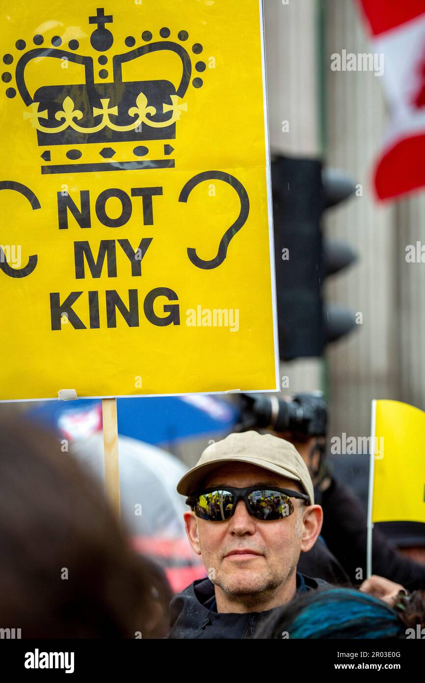 London, UK. 6 May, 2023. Anti-monarchy protesters organised by Republic stage a 'Not My King' rally on the day of the Coronation of King Charles III. Credit: horst friedrichs/Alamy Live News Stock Photo