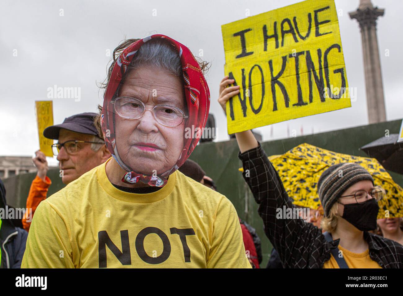 London uk 6 may 2023 a protester wearing a mask of the late queen