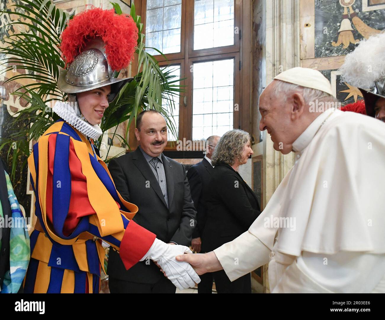 Pope Francis receives the 23 new recruits of the Swiss Guard in the Clementine Hall in the Vatican on May 6, 2023. Pope Francis received in audience the Swiss Guards on as they prepare for the traditional swearing-in ceremony of the new recruits which takes place every year on May 6. The day marks the anniversary of the heroic sacrifice of 147 Swiss guards who died during the Sack of Rome in 1527 as they protected Pope Clement VII. Photo by Vatican Media (EV) /ABACAPRESS.COM Credit: Abaca Press/Alamy Live News Stock Photo