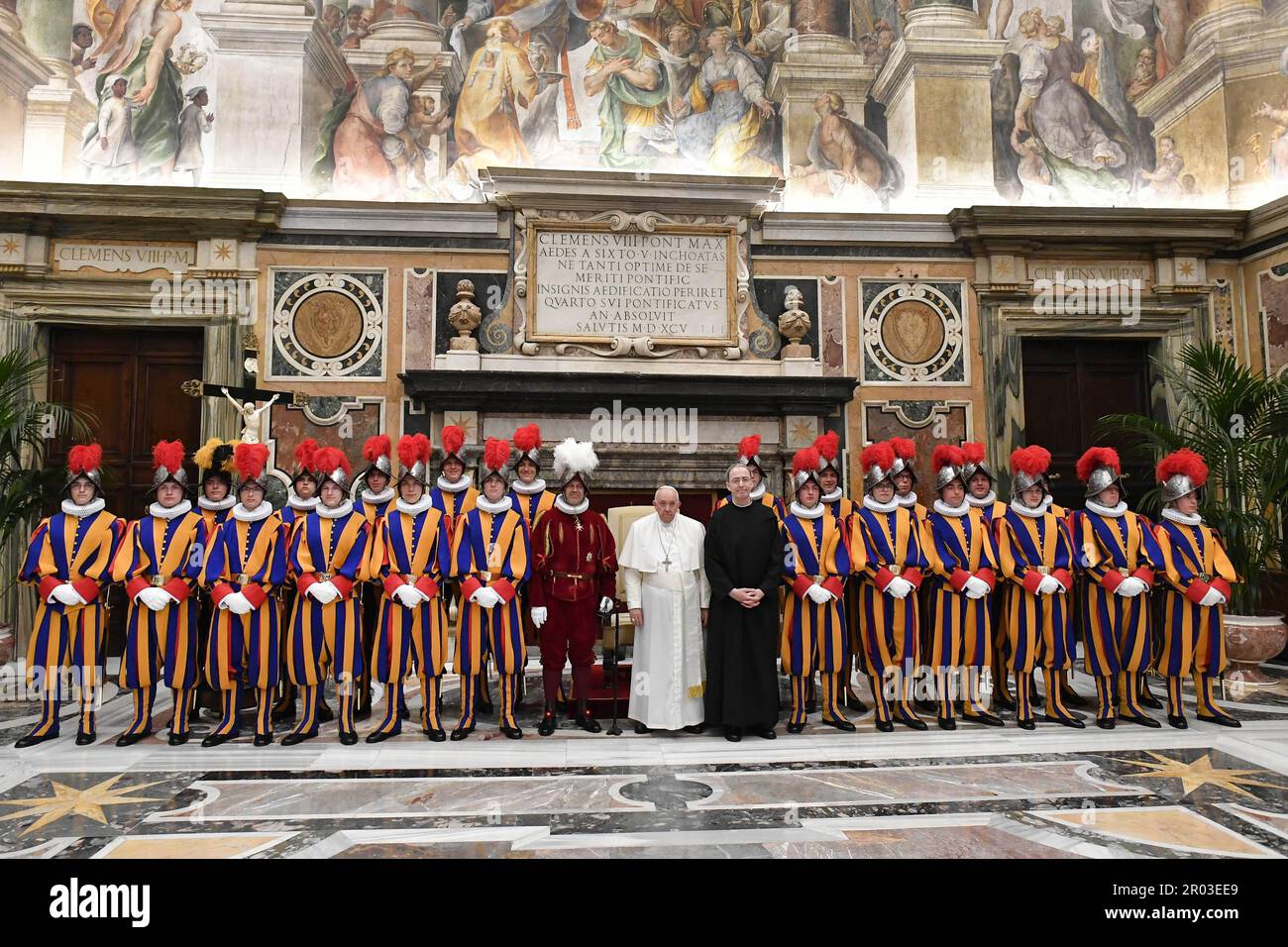 Pope Francis receives the 23 new recruits of the Swiss Guard in the Clementine Hall in the Vatican on May 6, 2023. Pope Francis received in audience the Swiss Guards on as they prepare for the traditional swearing-in ceremony of the new recruits which takes place every year on May 6. The day marks the anniversary of the heroic sacrifice of 147 Swiss guards who died during the Sack of Rome in 1527 as they protected Pope Clement VII. Photo by Vatican Media (EV) /ABACAPRESS.COM Credit: Abaca Press/Alamy Live News Stock Photo