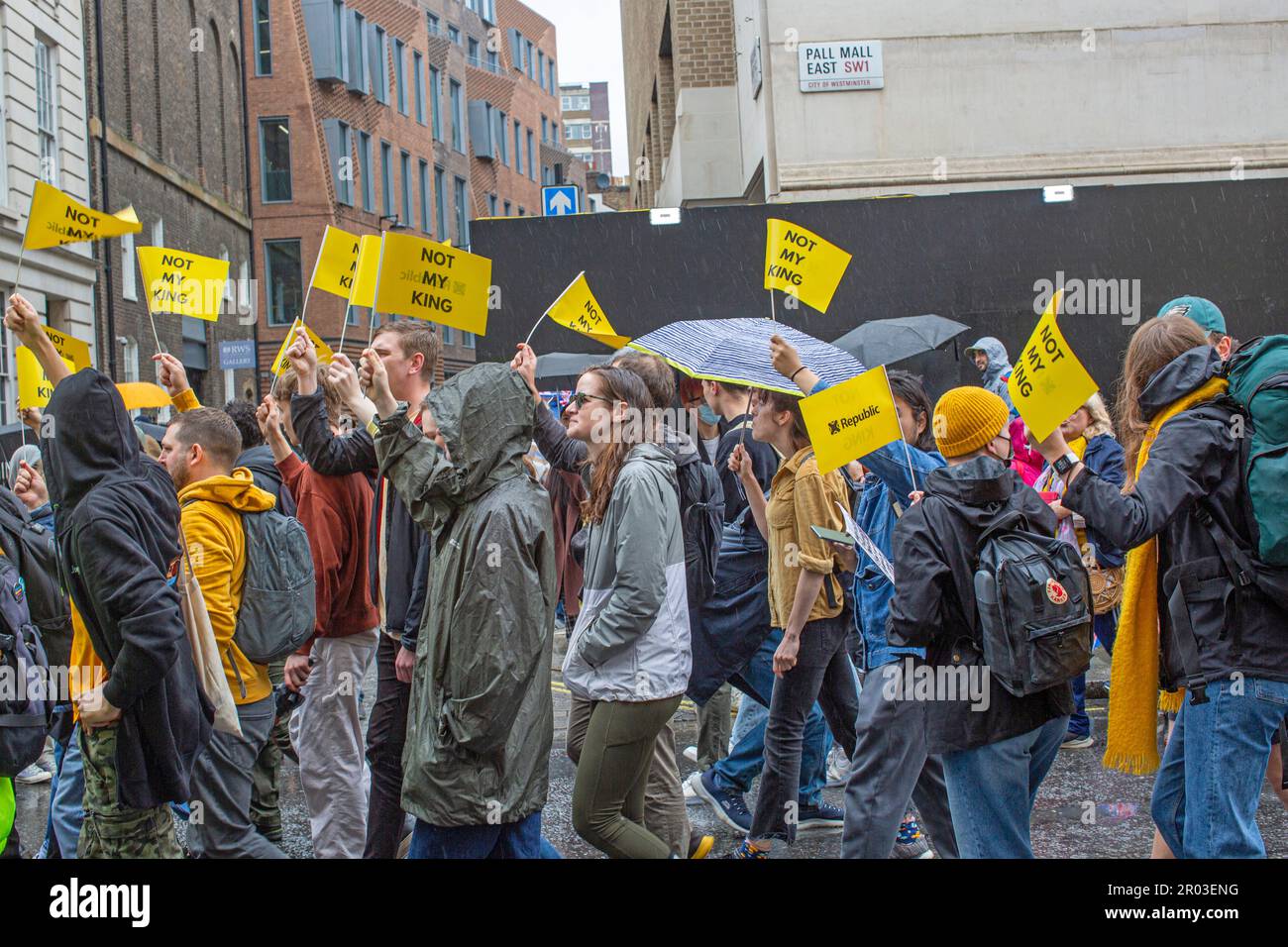 London, UK. 6 May, 2023. Anti-monarchy protesters organised by Republic stage a 'Not My King' rally on the day of the Coronation of King Charles III. Credit: horst friedrichs/Alamy Live News Stock Photo