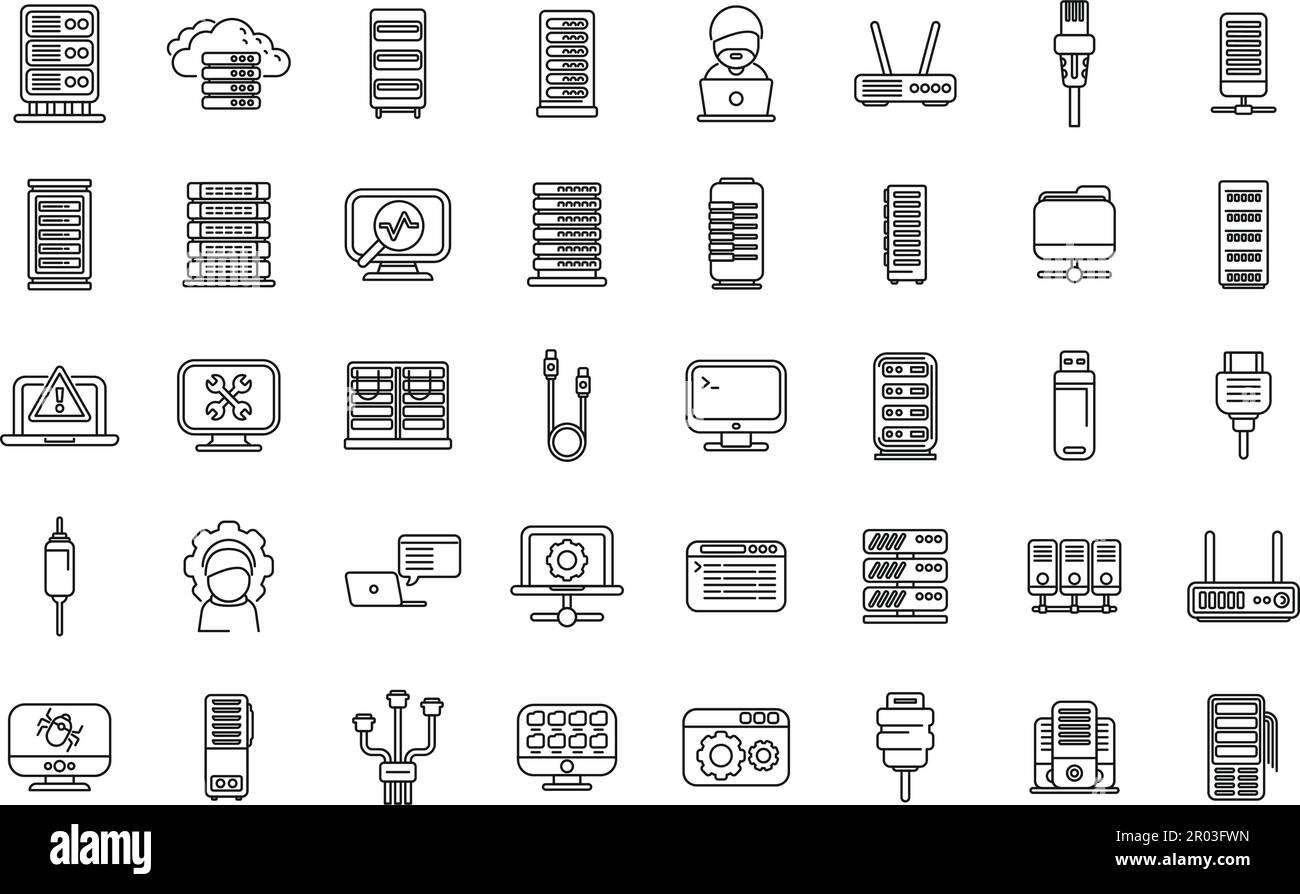 System administrator icons set outline vector. Server data. Cable computer Stock Vector