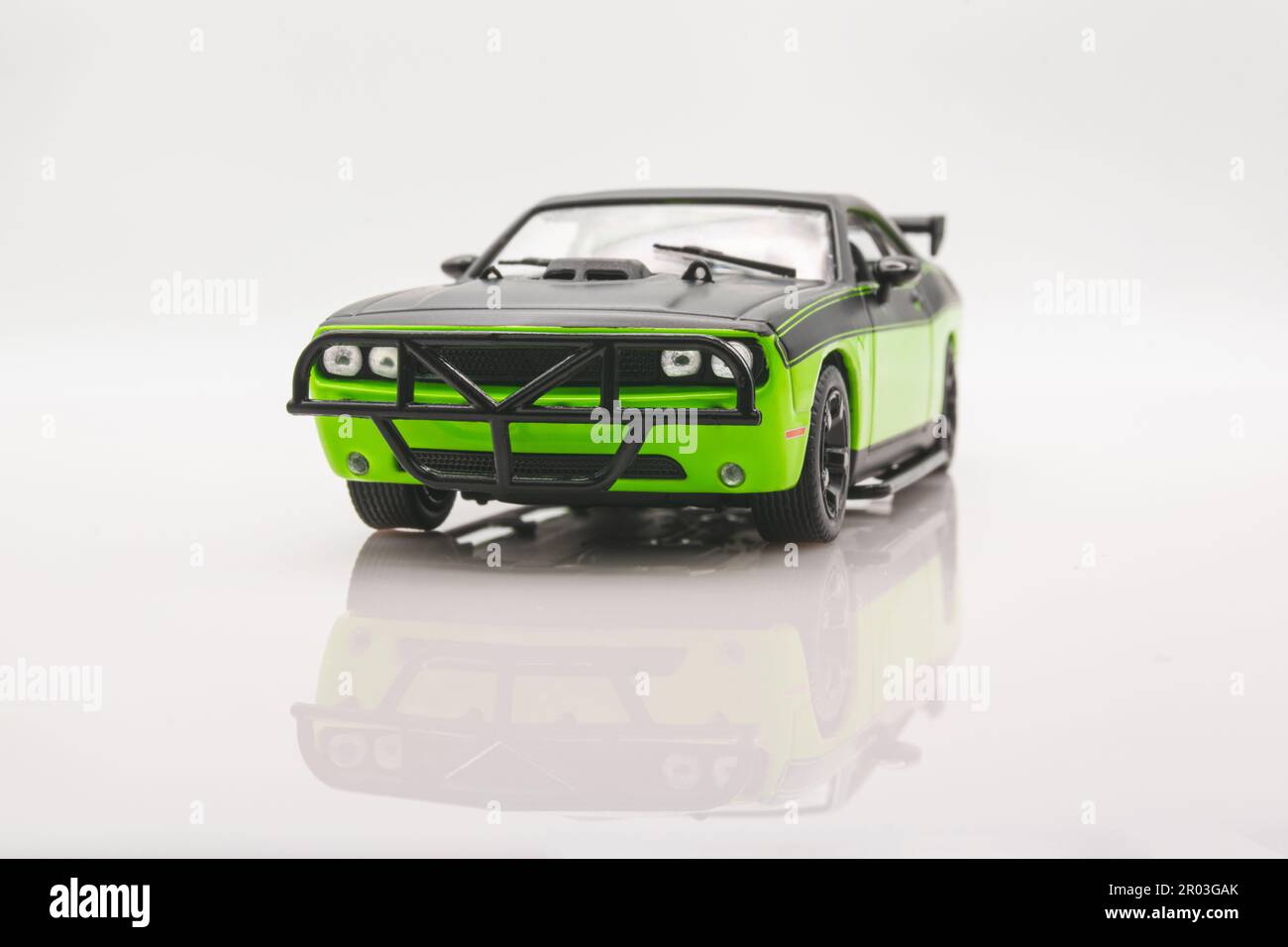 Fast&Furious Dodge Challenger SR 1:43 model car, front view, white background with reflection Stock Photo