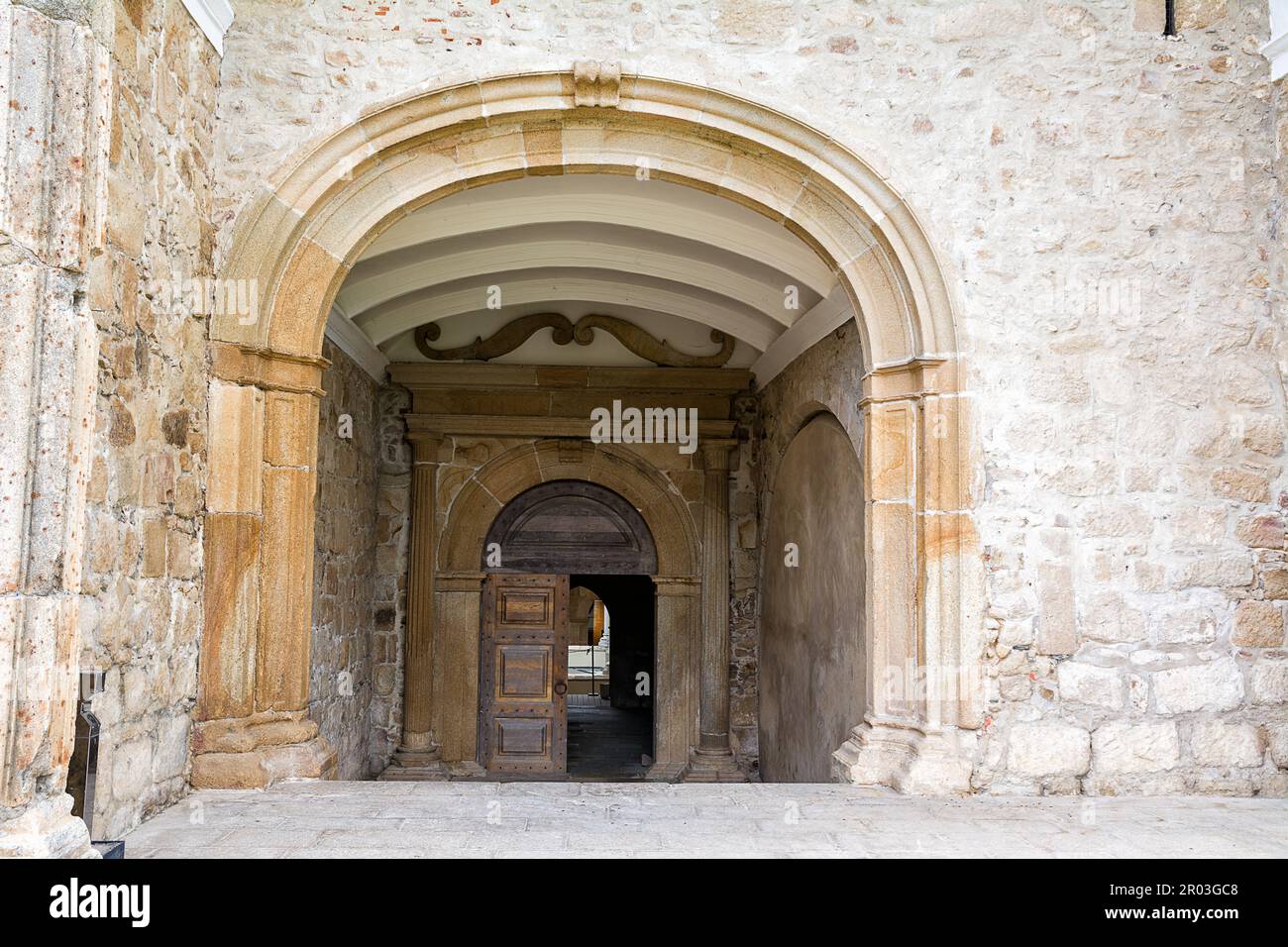 Flor da Rosa, Portugal - June 24, 2022: Entrance door to Crato Castle in Flor da Rosa in Portugal Stock Photo