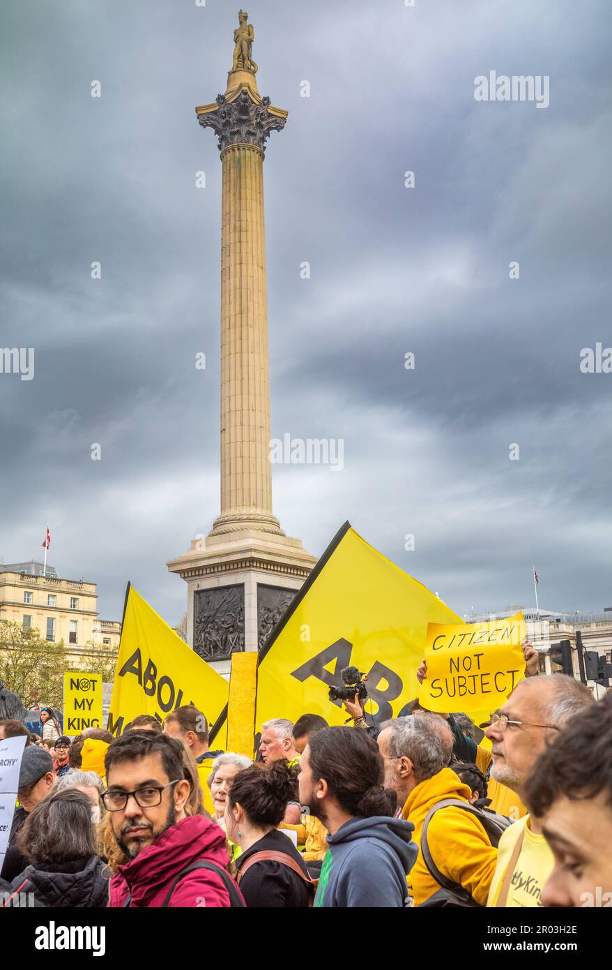 London, UK. 06th May, 2023. Anti-monarchy protestors demonstrate near Nelson's Column in Trafalgar Square in central London on 6 May, 2023, as the coronation of King Charles III took place a short distance away.    Earlier, the head of the anti-monarchist campaign group Republic and a number of activists were  arrested by police in Trafalgar Square. It was the first coronation of a new monarch in London, UK, for 70 years and despite steady rain, many thousands of people descended on the capital city to enjoy the celebrations. Credit: Andy Soloman/Alamy Live News Stock Photo