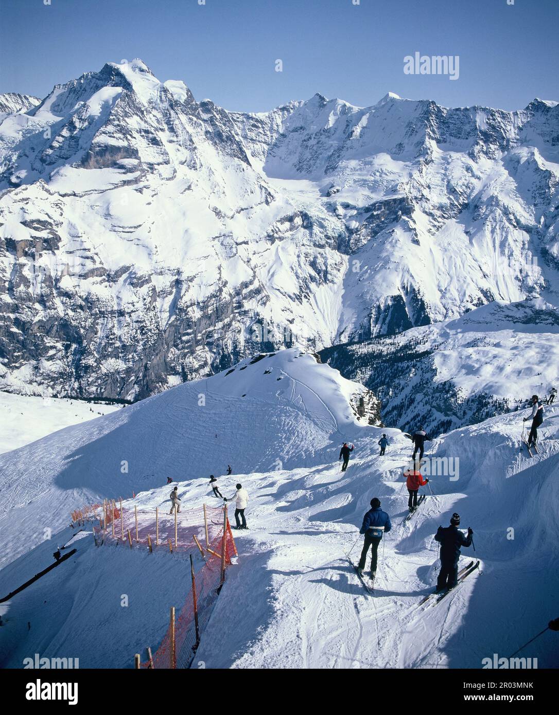 Switzerland. Bern Canton. Schilthorn. Skiers. Stock Photo