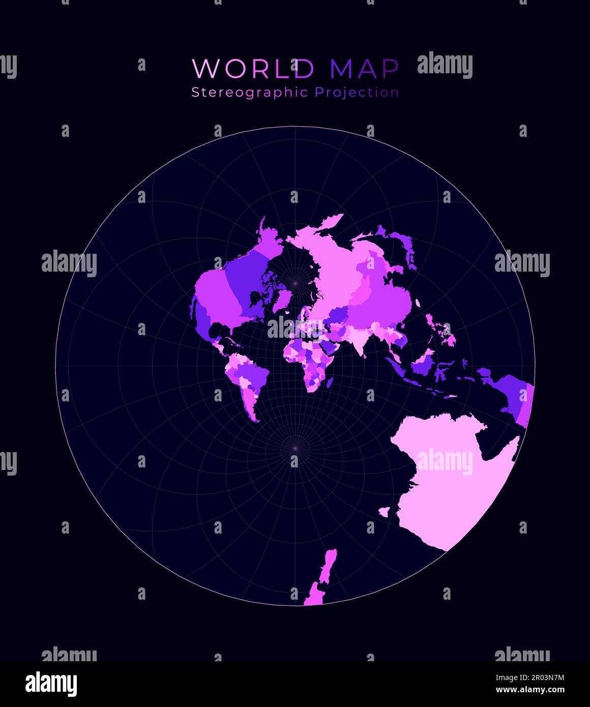 World Map Stereographic Digital World Illustration Bright Pink Neon Colors On Dark Background 4393
