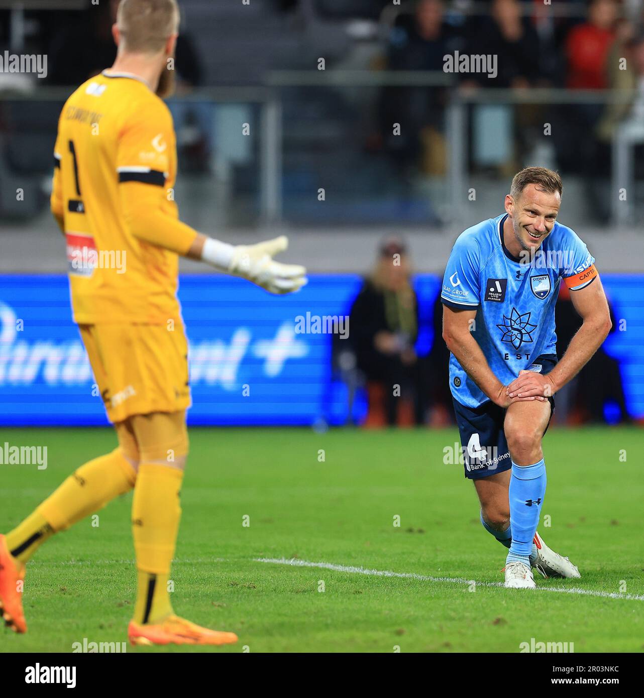 6th May 2023;  CommBank Stadium, Sydney, NSW, Australia: A-League Elimination Football Final, Western Sydney Wanderers versus Sydney FC;  Alex Wilkinson  of Sydney FC reacts at a penalty decision by the referee Stock Photo