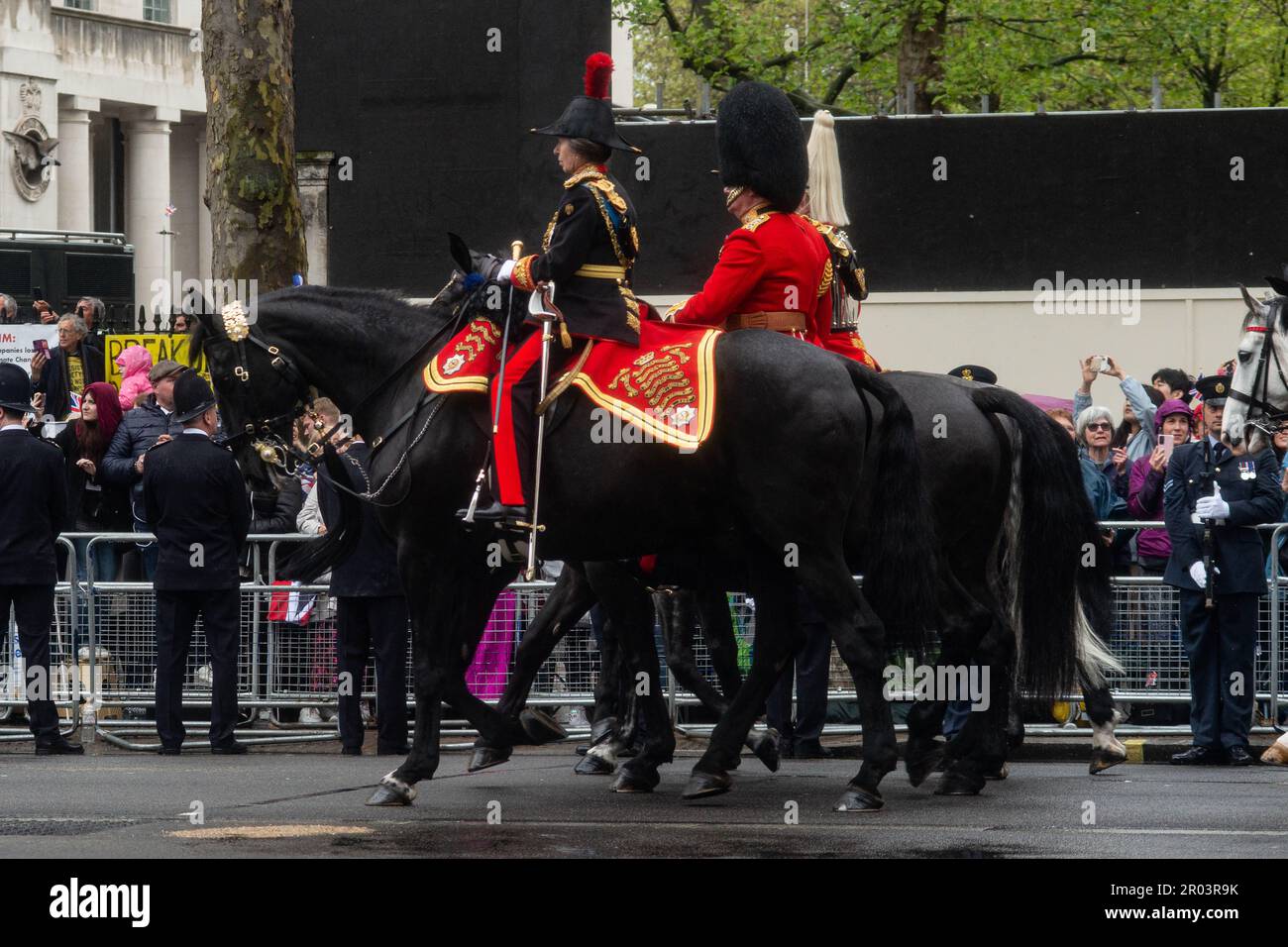 6th May 2023. London, UK. King Charles III Coronation Procession with Military Escort.  Th Princess Royal. The Household Cavalry,  The Royal Marines,  The RAF and units from the Commonwealth oarade and line the streets to celebrate the coronation. Credit Peter Hogan/ALAMY Stock Photo