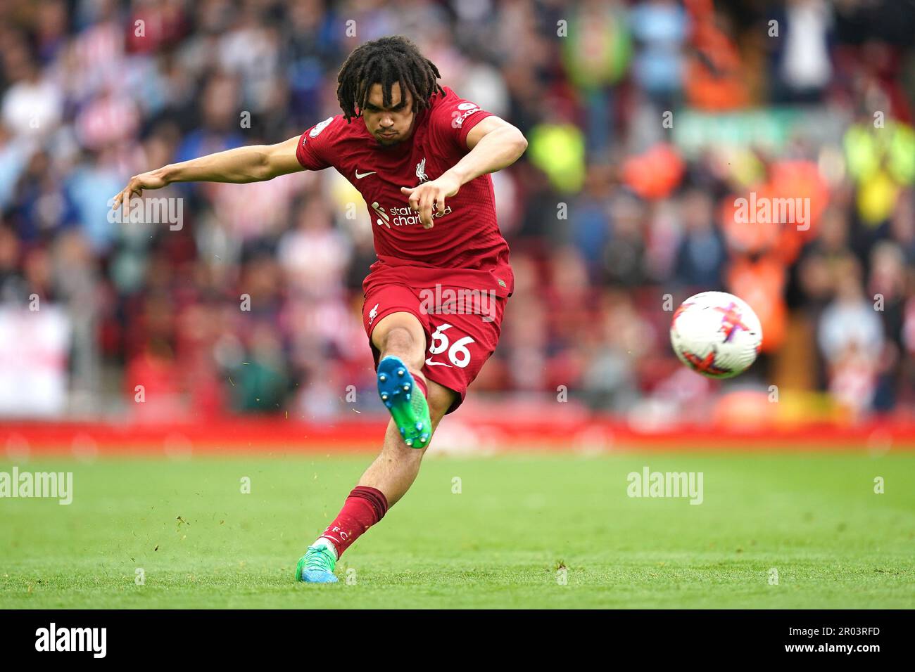 Liverpool's Trent Alexander-Arnold takes a free-kick during the Premier League match at Anfield, Liverpool. Picture date: Saturday May 6, 2023. Stock Photo