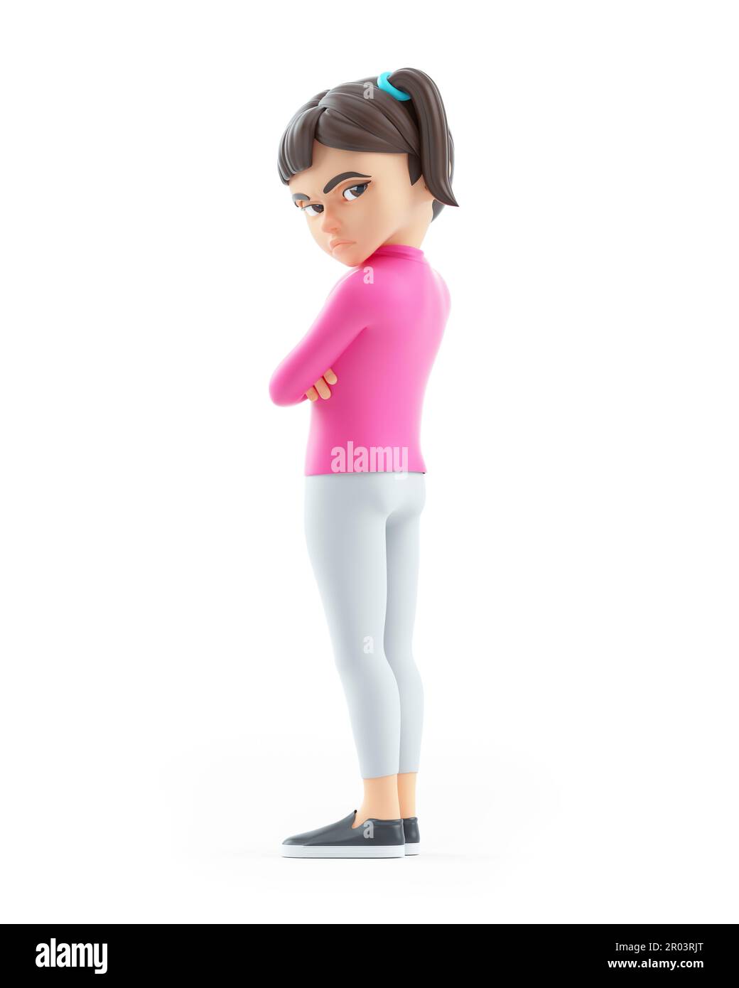 3d angry girl with arms crossed sulking, illustration isolated on white background Stock Photo