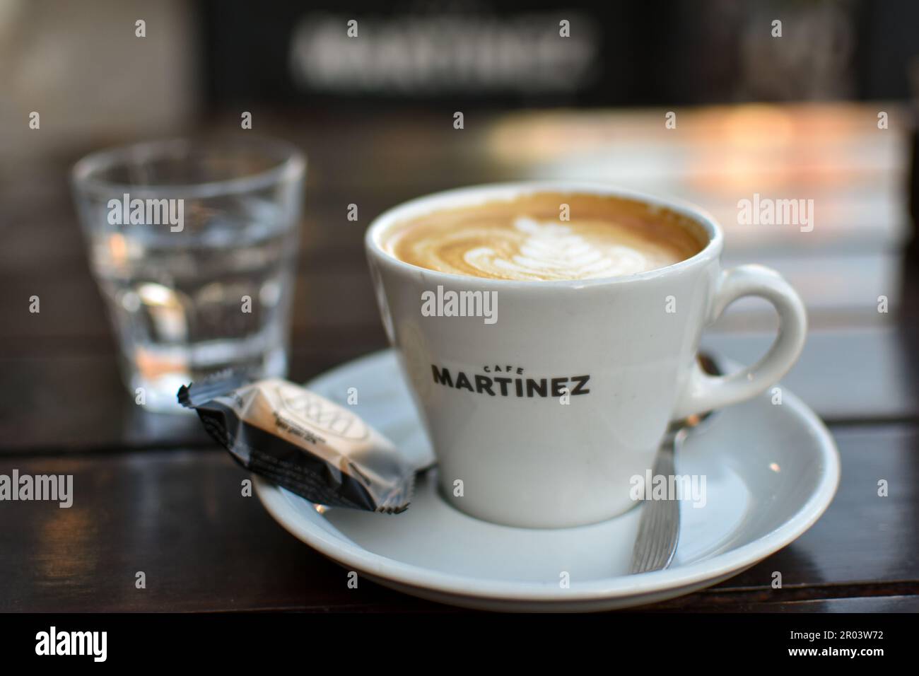 cup of cappuccino (called cafe con leche in Argentina) at Cafe Martinez, Argentina Stock Photo