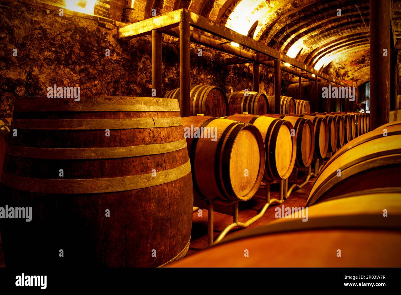 Rustic wine storage room with wooden barrels Stock Photo Alamy