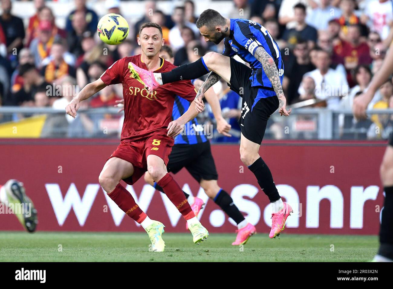 Rome, Italy. 06th May, 2023. Nemanja Matic of AS Roma and Marcelo Brozovic of Fc Internazionale compete for the ball during the Serie A football match between AS Roma and FC Internazionale at Olimpico stadium in Rome (Italy), May 6th, 2023. Credit: Insidefoto di andrea staccioli/Alamy Live News Stock Photo