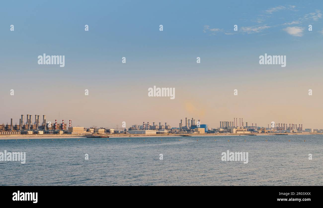 Air pollution from power plant chimneys. view from Bluewater island in