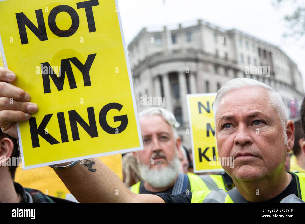 London, UK. 06th May, 2023. A protester holds a placard during an Anti-monarchist protest during King Charles III's Coronation in Trafalgar Square. (Photo by Thabo Jaiyesimi/SOPA Images/Sipa USA) Credit: Sipa USA/Alamy Live News Stock Photo