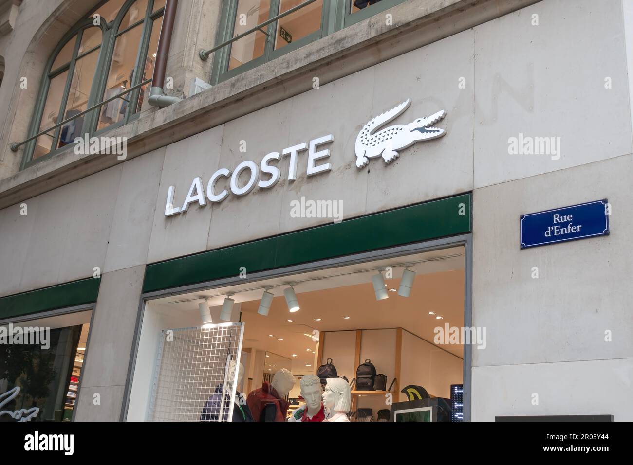 Geneva, Switzerland - Jan 14, 2023: Lacoste store in Geneva. Lacoste S.A. is a French company, founded in 1933 by tennis player René Lacoste. Stock Photo