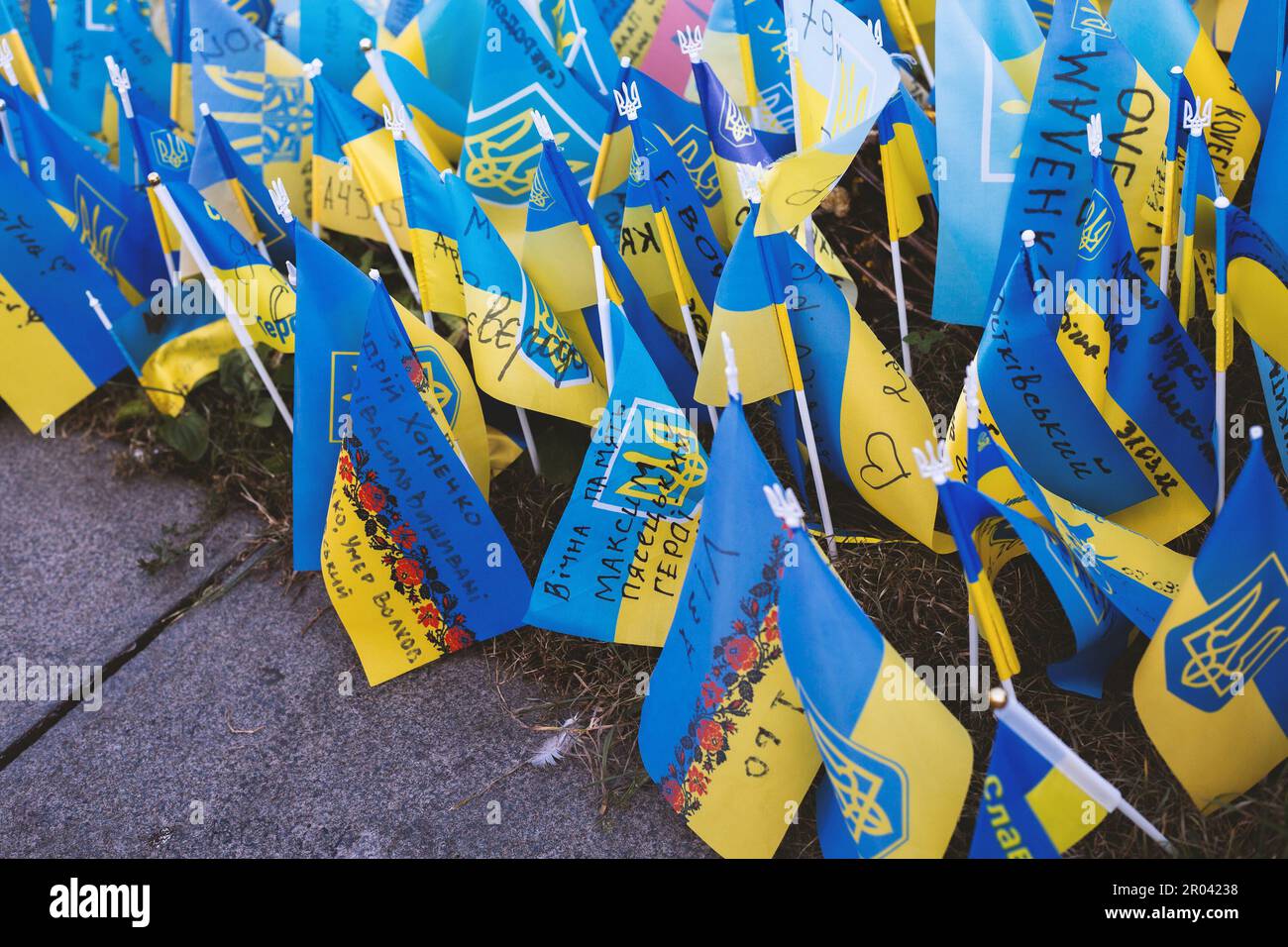 Many flags of Ukraine people who died in the war, Kyiv August 2022 Stock Photo