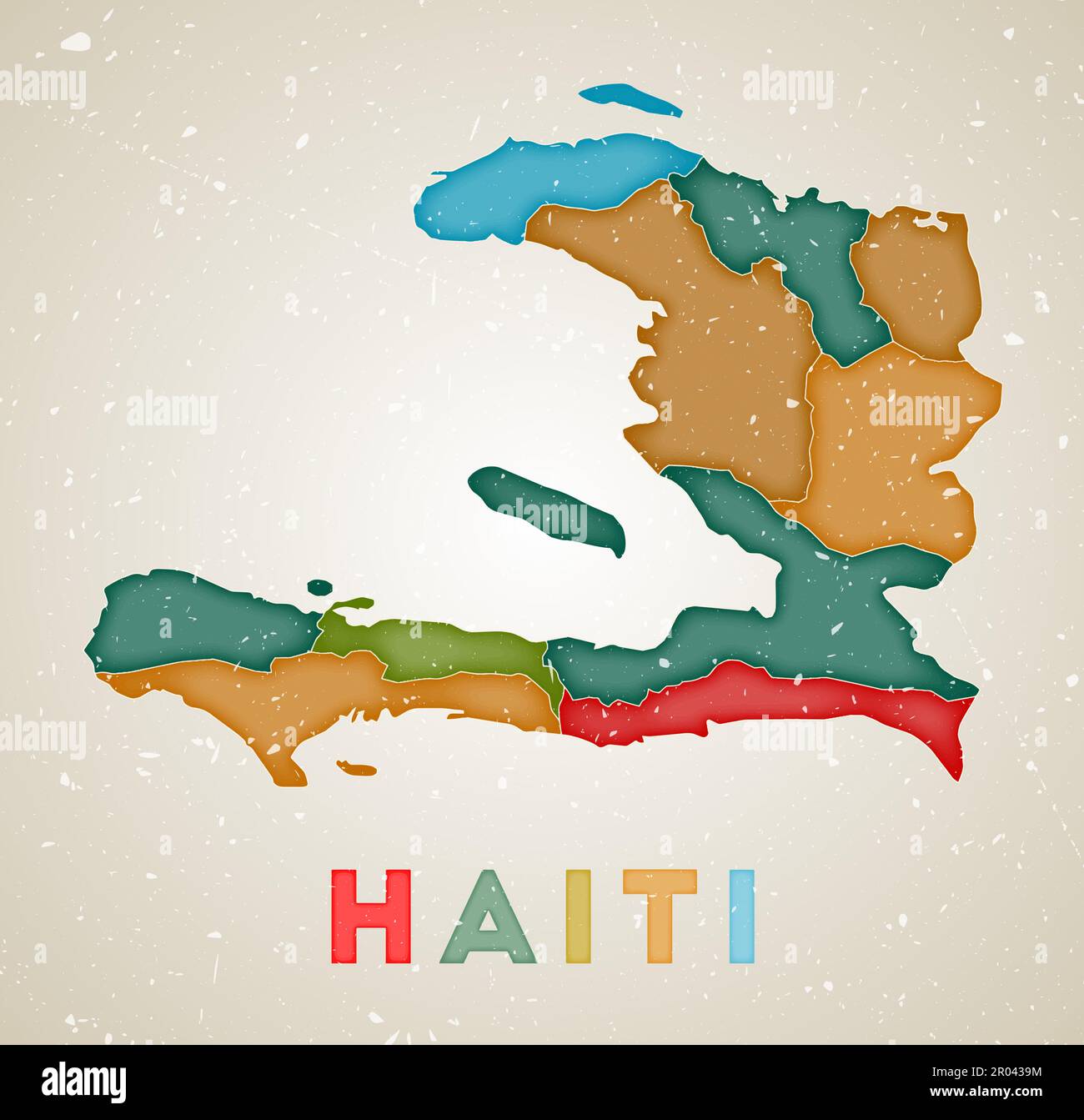Haiti map. Country poster with colored regions. Old grunge texture. Vector illustration of Haiti with country name. Stock Vector