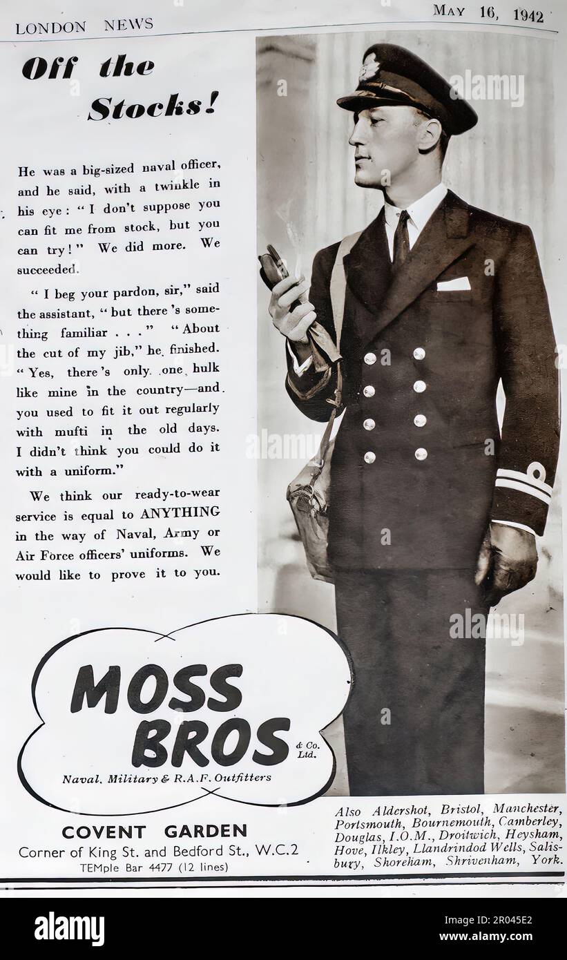 A 1942 advertisement for Moss Bros, naval, military and RAF outfitters. The ‘big size officer’ in the advert is assured of their ability to supply all officers sizes ex stock. Stock Photo