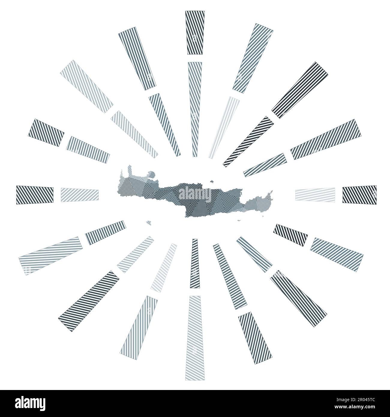 Crete sunburst. Low poly striped rays and map of the island. Captivating vector illustration. Stock Vector