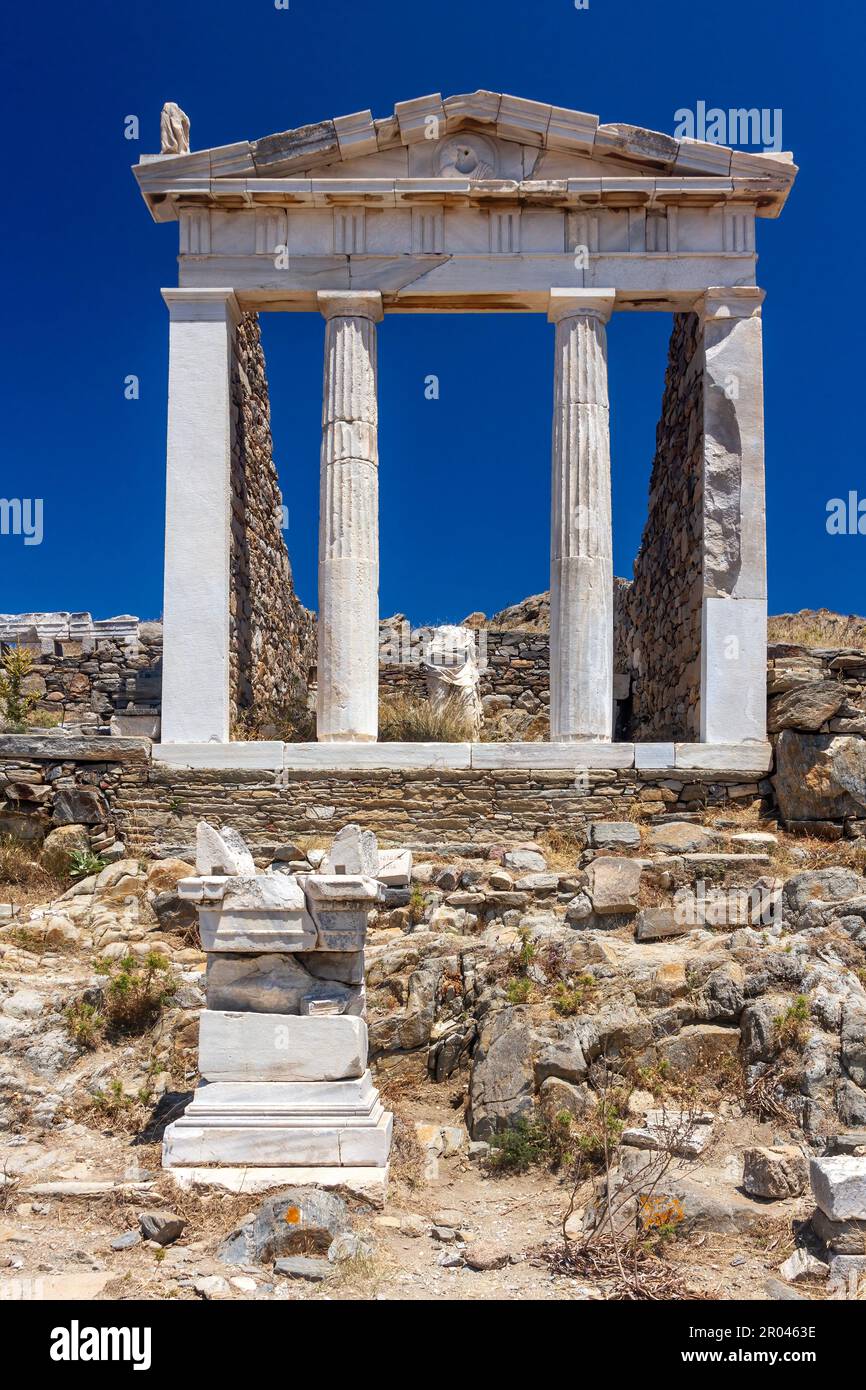 The Temple of Isis (Temple of the Egyptian Gods) in the archaeological site of the "sacred" island of Delos, Cyclades, Greece Stock Photo