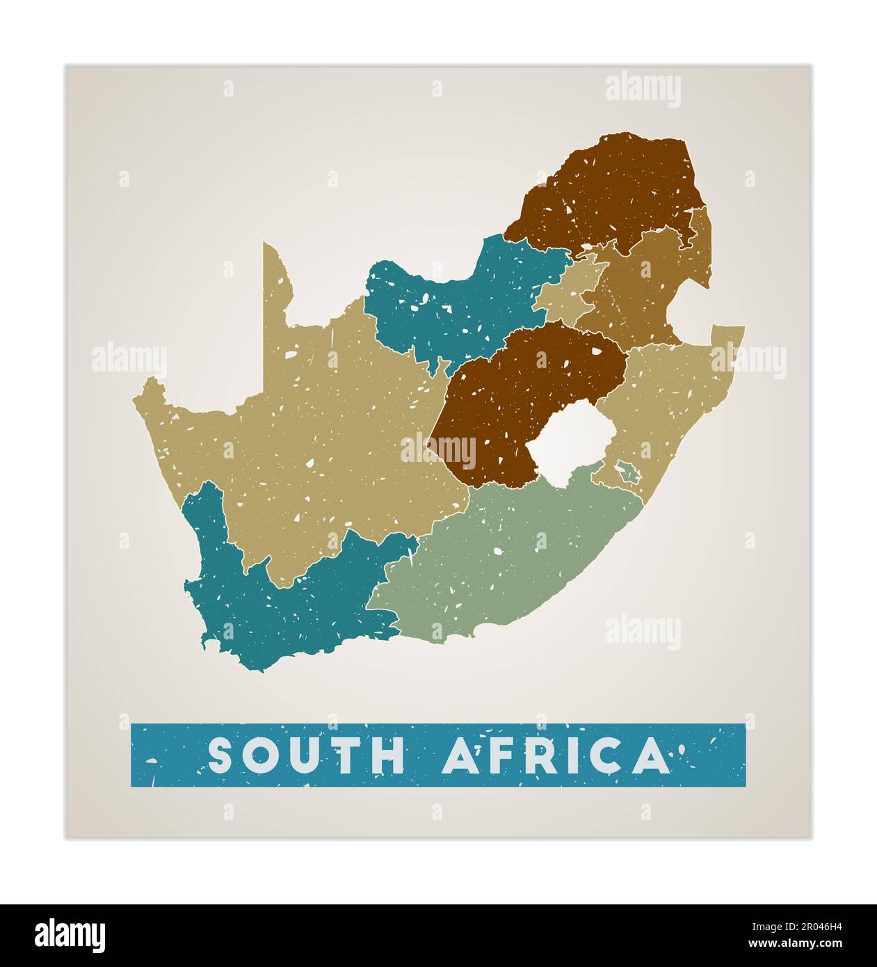 South Africa map. Country poster with regions. Old grunge texture. Shape of South Africa with country name. Stylish vector illustration. Stock Vector
